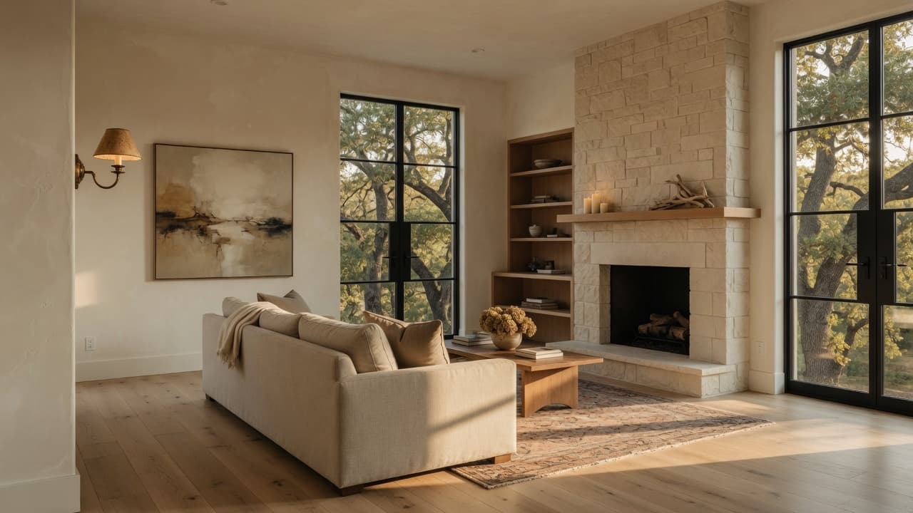 A furnished great room with a limestone fireplace, oak floors, and black steel windows in afternoon light.