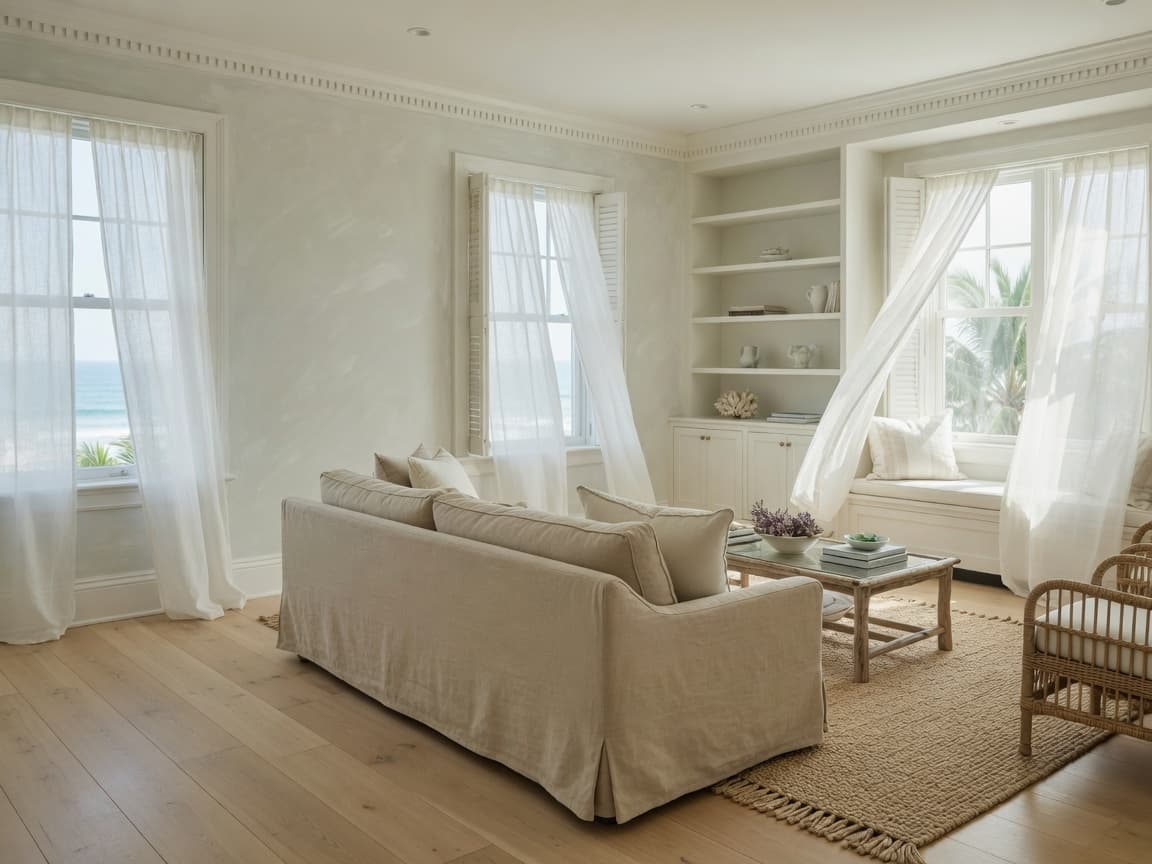A coastal living room with limewashed walls, linen seating, and ocean light.
