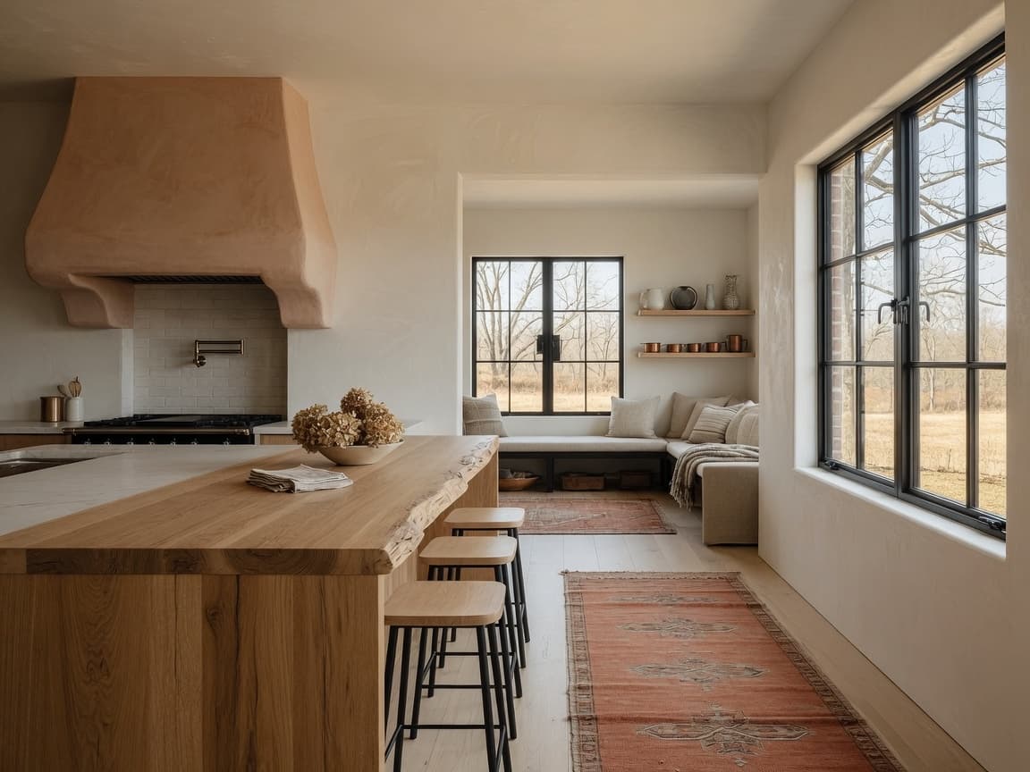A country modern kitchen with a plaster hood, oak island, and black steel windows.