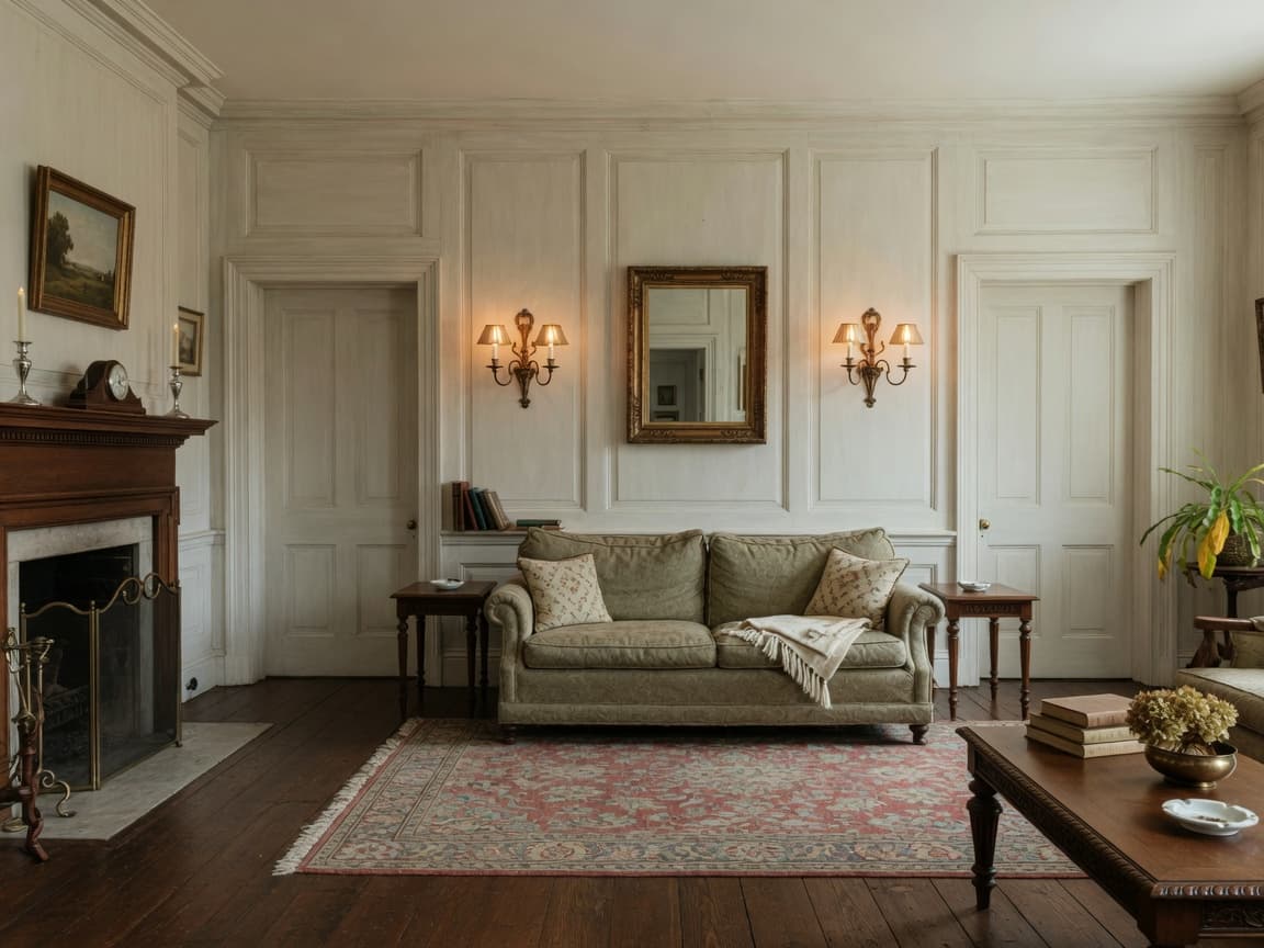 A traditional living room with raised paneling, a fireplace, and a patterned rug.
