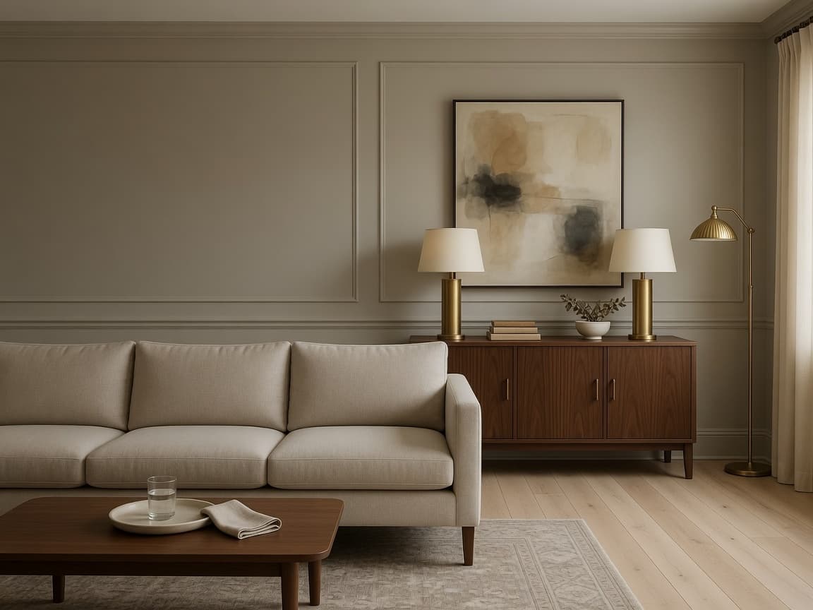 A transitional living room with greige paneling, a linen sofa, and brass lamps.