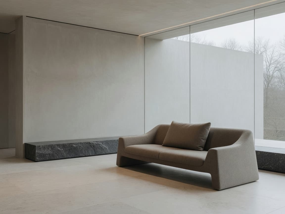 An ultra modern room with plaster walls, a stone bench, and floor-to-ceiling glass.